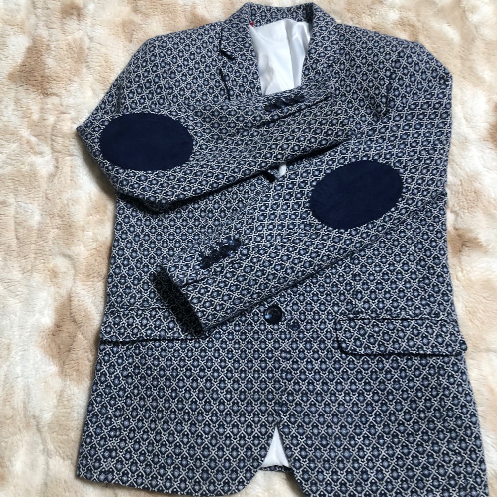 Blue and White Two button Boys Blazer with Navy Blue Elbow Patches size 10-12